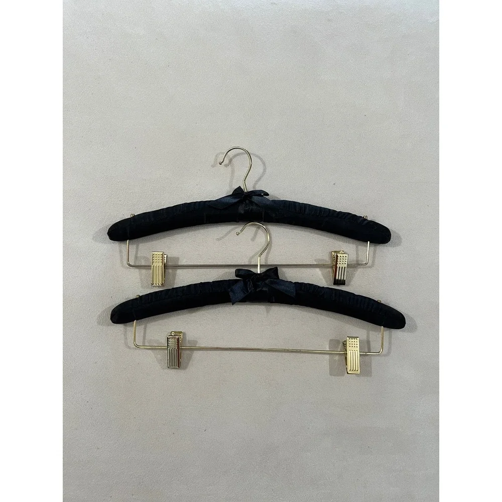 Set of 2 Black Padded Satin Hangers with Gold Clips and Bow Detail